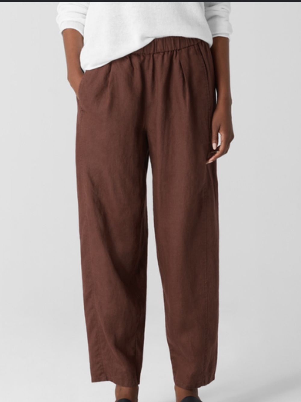 Eileen Fisher Organic Linen Lantern Pant Stretch Waist Large chocolate Brown